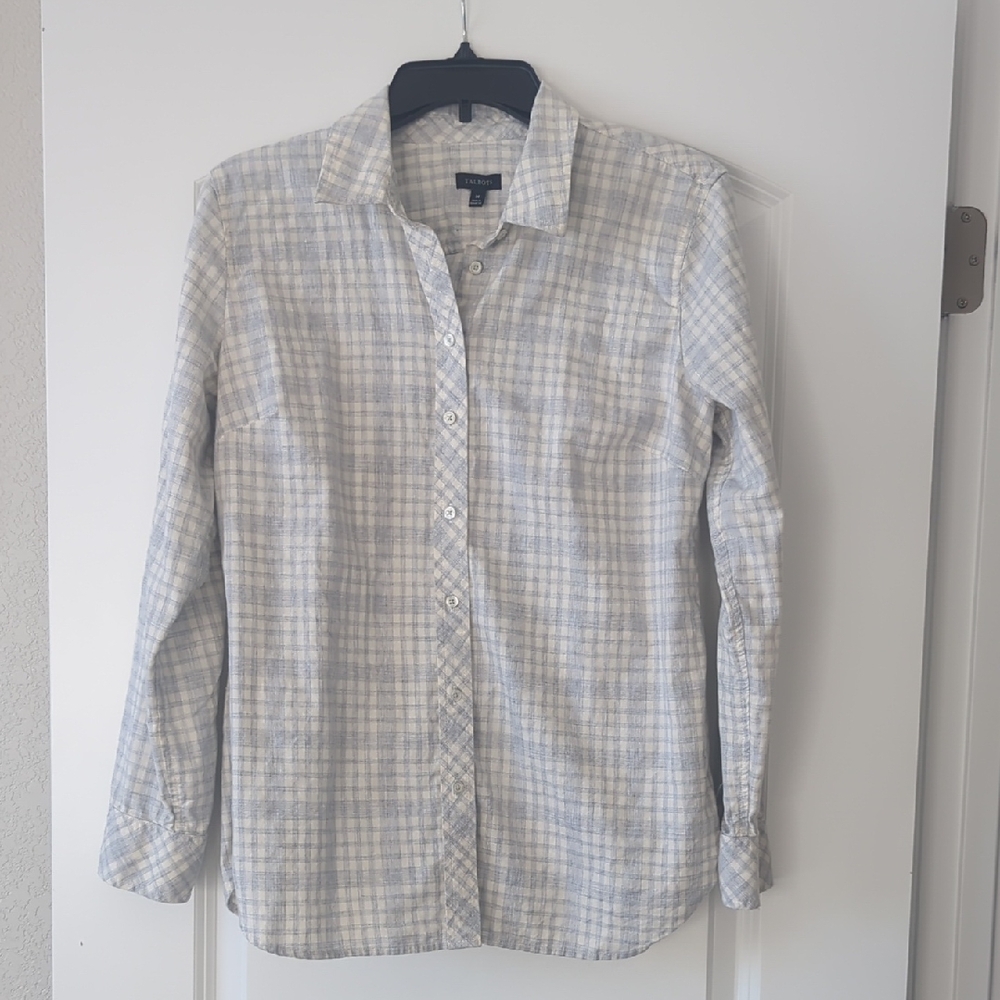 Talbots Light Gray and White Plaid Button Down Shirt. Size M